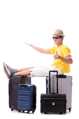Happy young man going on summer vacation isolated on white