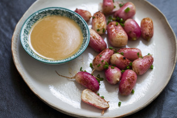 Cooked radishes with miso dressing