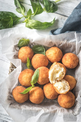 Rustic bowl of arancini
