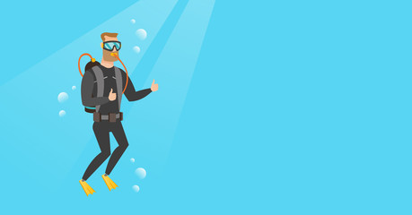 Young caucasian white man in diving suit swimming underwater with scuba and showing thumb up. Happy scuba diver giving thumb up. Man enjoying the dive. Vector cartoon illustration. Horizontal layout.