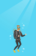 Young caucasian white man in diving suit swimming underwater with scuba and showing thumb up. Happy scuba diver giving thumb up. Man enjoying the dive. Vector cartoon illustration. Vertical layout.