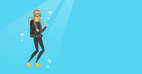 Young caucasian white woman in diving suit swimming underwater with scuba and showing thumb up. Scuba diver giving thumb up. Woman enjoying the dive. Vector cartoon illustration. Horizontal layout.
