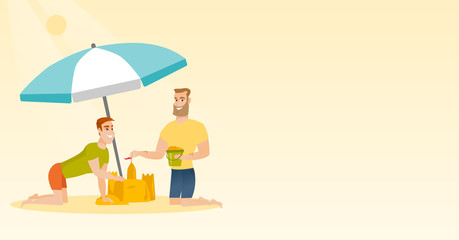 Obraz na płótnie Canvas Young caucasian white men making a sand castle on the beach under beach umbrella. Happy friends building a sandcastle. Tourism and beach holiday concept. Vector cartoon illustration. Horizontal layout