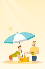 Young caucasian white men making a sand castle on the beach under beach umbrella. Happy friends building a sandcastle. Tourism and beach holiday concept. Vector cartoon illustration. Vertical layout.
