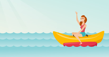 Young caucasian white woman riding a banana boat and waving hand. Cheerful woman having fun on a banana boat in the sea. Woman enjoying summer vacation. Vector cartoon illustration. Horizontal layout.