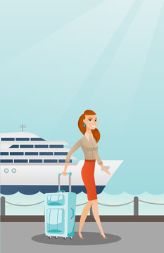 Young caucasian white passenger walking on the background of cruise liner. Smiling passenger with a suitcase goes to a cruise liner along the station. Vector cartoon illustration. Vertical layout.