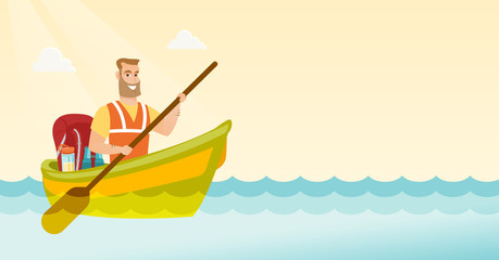 Young caucasian white traveler man riding a kayak on the river. Cheerful traveler man traveling by kayak. Concept of travel and tourism. Vector cartoon illustration. Horizontal layout.