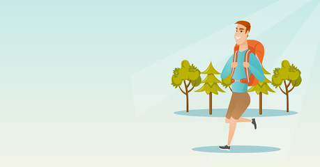 Young caucasian white backpacker with a backpack walking outdoor. Cheerful backpacker hiking in the forest during summer trip. Vector cartoon illustration. Horizontal layout.