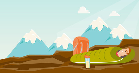 Young caucasian white man sleeping in a sleeping bag during a hike in the mountains. Smiling man laying on the ground wrapped up in a mummy sleeping bag. Vector cartoon illustration. Horizontal layout