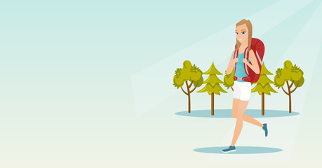 Obraz na płótnie Canvas Young caucasian white backpacker with a backpack walking outdoor. Cheerful backpacker hiking in the forest during summer trip. Vector cartoon illustration. Horizontal layout.