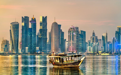 Fototapeta na wymiar Dhow, a traditional wooden boat, in Doha, Qatar