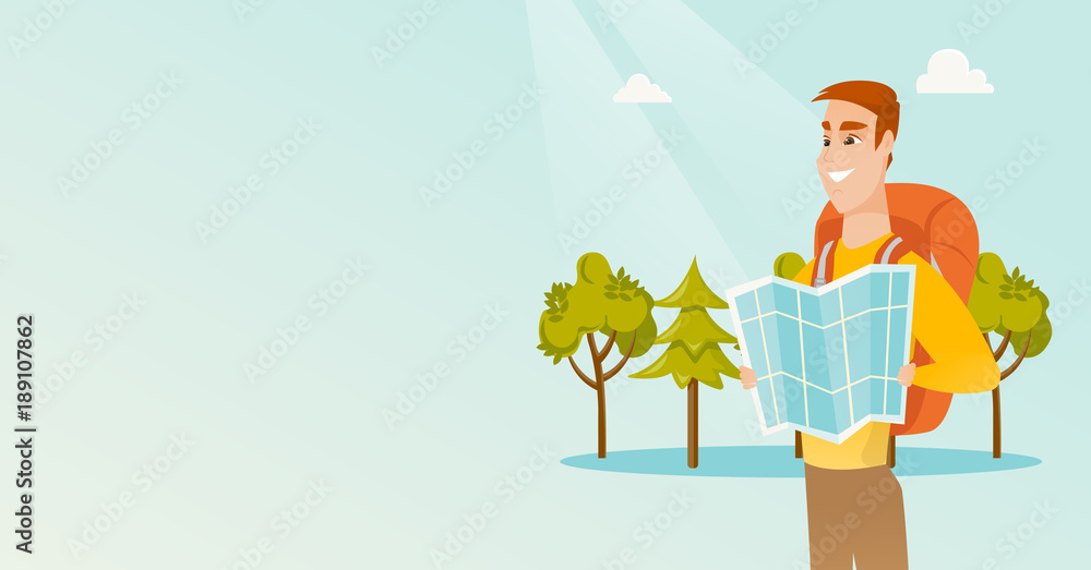 Wall mural young caucasian white traveler man with a backpack looking at map. full length of smiling traveler m