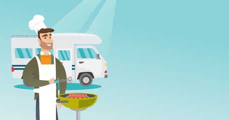 Young caucasian white man preparing meat on grill on the background of camper van. Man travelling by camper van and barbecuing meat outdoors. Vector cartoon illustration. Horizontal layout.