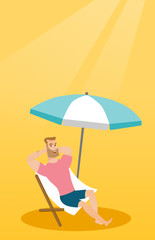 Young caucasian white man sitting on the chaise-longue under beach umbrella. Happy man resting on the chaise-longue with folded arms behind his head. Vector cartoon illustration. Vertical layout.