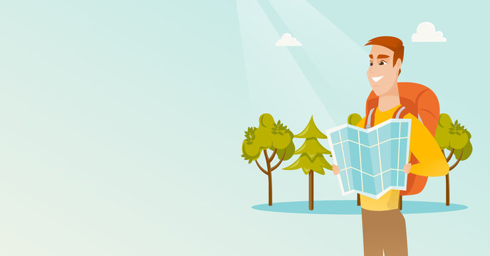 Young caucasian white traveler man with a backpack looking at map. Full length of smiling traveler man searching right direction on a map. Vector cartoon illustration. Horizontal layout.