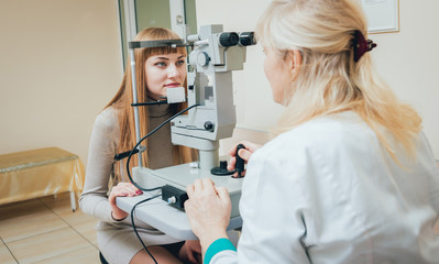 Naklejka na ściany i meble Consultation with an ophthalmologist. Eye examination at the clinic.