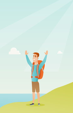 Young caucasian white tourist with a backpack standing on the cliff with raised hands and enjoying the scenery. Happy tourist hiking in the mountains. Vector cartoon illustration. Vertical layout.