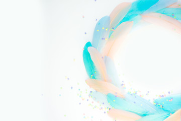 Wreath of colored feathers. White background. Pink, mint, turquoise and blue.