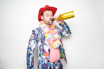 young male man drunk photo booth posing white background props hat