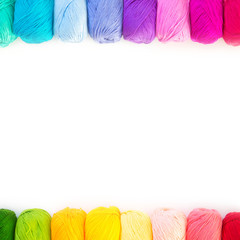 Colored balls of yarn. View from above. Rainbow colors. All colors. Yarn for knitting. Skeins of...