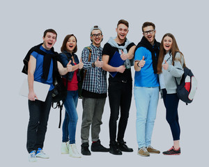 group of smiling friends staying together and looking at camera isolated on white background.