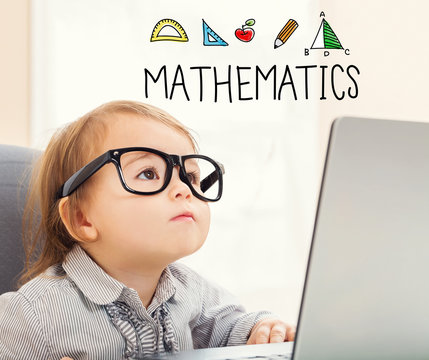 Mathematics text with toddler girl using her laptop