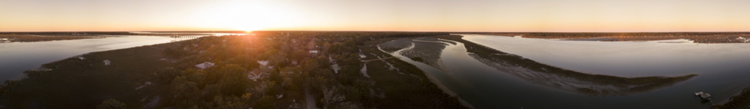 Seamless 360 degree panorama of town and river at sunset, Beaufort, South Carolina.