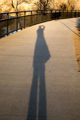 Shadow of the female photographer on a curving sidewalk walkway