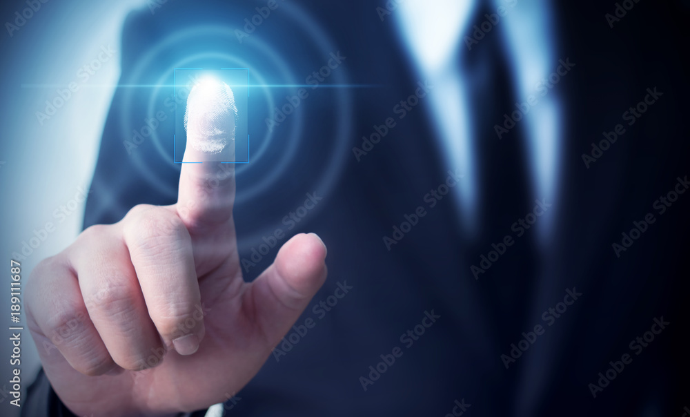 Poster businessman touching screen scan fingerprint biometrics identity to confirm, protection security dat