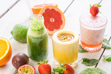 fresh juice fruit selection tasty healthy new year diet slim fancy smoothie luxury organic mint white table