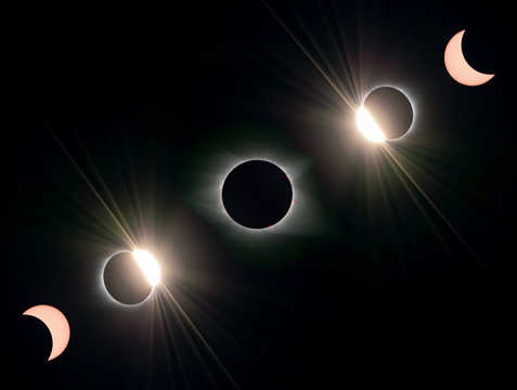 composite image of five stages of a total solar eclipse