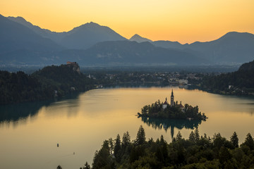 Aerial morning view of lake Bled