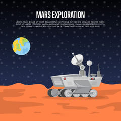 Mars exploration poster with research rover on surface of red planet. Robotic autonomous vehicles for space discovery. Mars rover with camera, wheels, antenna and hand manipulator vector illustration © studioworkstock