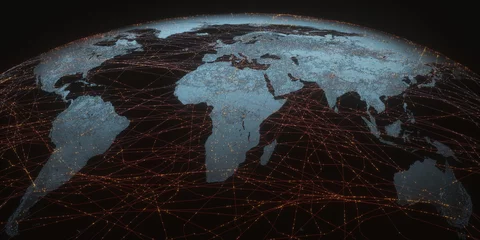 Ingelijste posters Wereldkaart connectiviteit. Wereldkaart met satellietgegevensverbindingen. Connectiviteit over de hele wereld. © ktsdesign