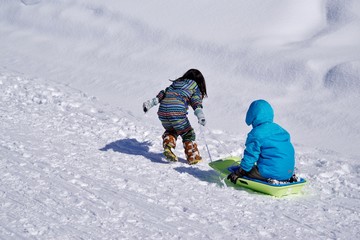 スキー場でそり遊びをする子供たち