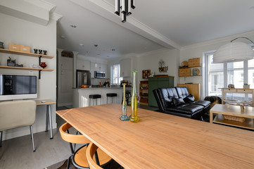 Luxury dining room, small office and modern white kitchen. Interior design.