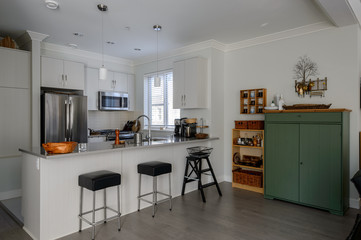 Modern white kitchen with stainless steel appliances. Interior design.