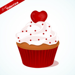 Cupcake with vanilla cream and red sugar heart for Valentines day. Greeting card, background, poster or template for Sweet Valentine. Vector illustration. Holiday Collection.