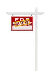 Left Facing Sold For Sale Real Estate Sign Isolated on a White Background.