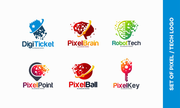 set of Pixel Tech logo designs concept, Digital Ticket, Pixel Brain logo, Robotic Tech, Pixel Point, Fast Tech Ball, Pixel Key logo template