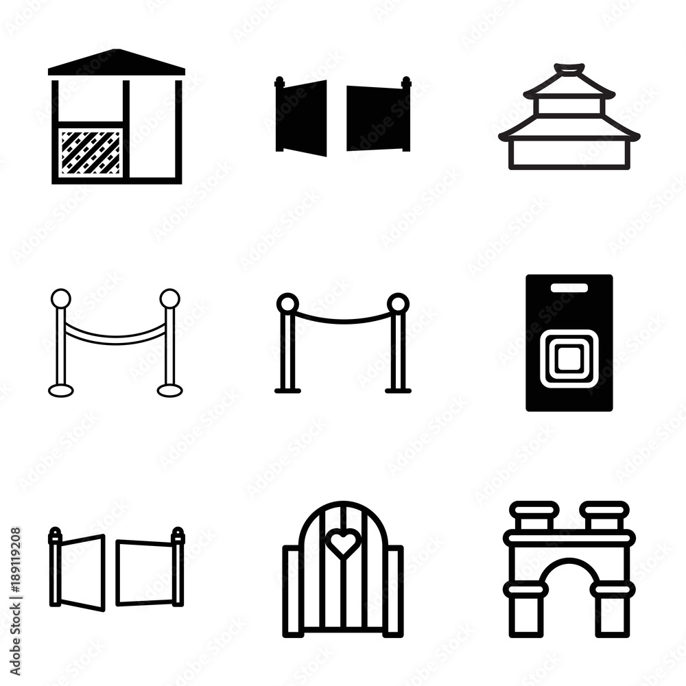 Poster gate icons. set of 9 editable filled and outline gate icons