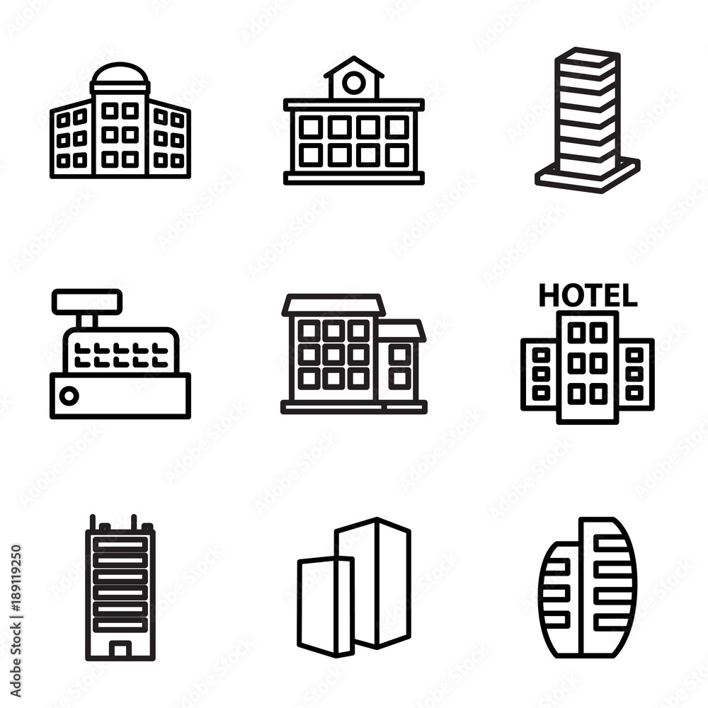 Poster skyscraper icons. set of 9 editable filled and outline skyscraper icons