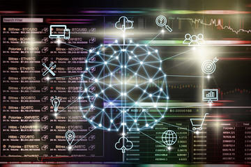 Polygonal brain shape of an artificial intelligence with various icon of smart city Internet of Things Technology over Cryptocurrency Bitcoin exchange trading screen, AI and business IOT concept