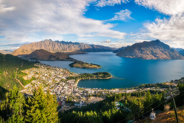 Queenstown Panorama at golden hour, New Zealand, South Island. View from Queenstown Skyline, main...