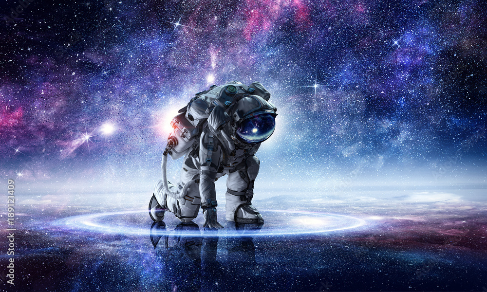 Wall mural astronaut starting to run. mixed media
