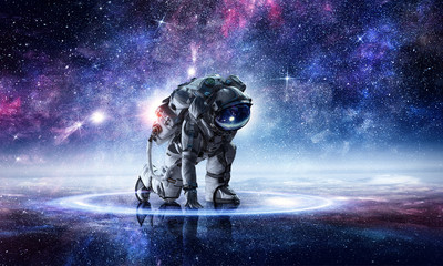 Astronaut starting to run. Mixed media