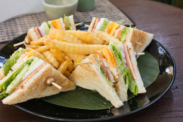 Chicken and pork ham Sandwich with Lettuce and onions