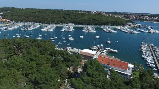 Drone Footage Of Boats Moored, Yachts and Ships in Marine. Sailboats docket in Port at Pula Croatia. 