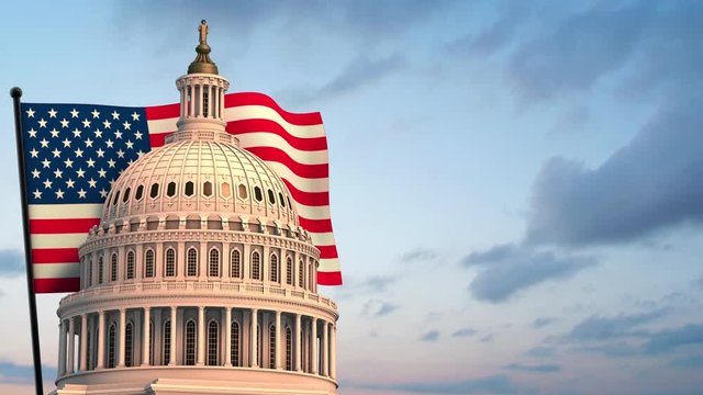 Capital Building Spin with Flag Animation. animation of the top of the United States Capital Building with a flag behind waving left justified on clouds background. Luma matte for isolation