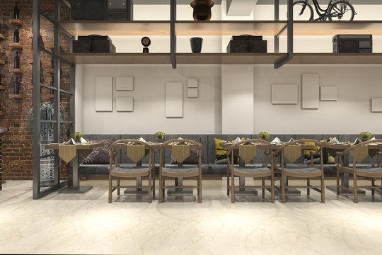 3d rendering loft wood luxury hotel reception and cafe lounge restaurant